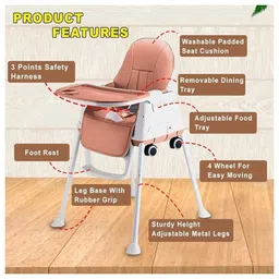 TONY STARK Comfort 4 in 1 Premium Multifunctional High Chair with Booster, Normal & Detachable Tray, Adjustable Height, One-Hand Adjustable, Ultra Soft Cushion for Kids/Baby (Brown) image 5