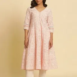W Pink Cotton Printed Fit and Flare Kurta-image-0