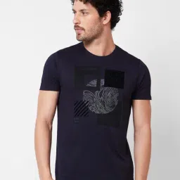 Spykar Navy Slim Fit Graphic Print Crew T-Shirt-image-6