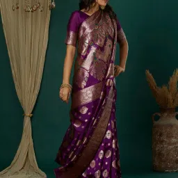 Satrani Purple Silk Blend Woven Saree With Unstitched Blouse image 3