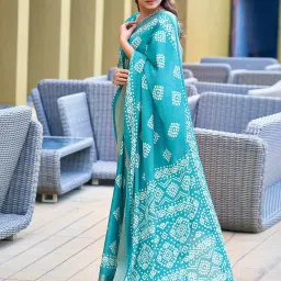 Satrani Turquoise Cotton Blend Printed Saree With Unstitched Blouse image 3