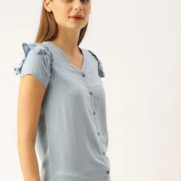 Lee Cooper Women Blue Solid Chambray Top with Ruffles image 5
