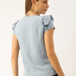 Lee Cooper Women Blue Solid Chambray Top with Ruffles image 3
