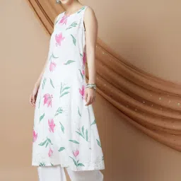 Melange By Lifestyle Off White Cotton Regular Fit Floral Print Kurtas image 3