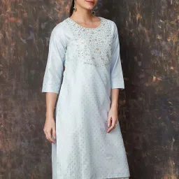 Melange By Lifestyle Light Blue Regular Fit Embroidered Kurtas image 3