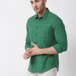 Basics Green Cotton Slim Fit Checks Shirt image 3