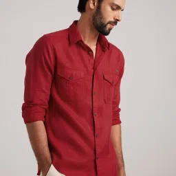 ANDAMEN Red Regular Fit Linen Shirt image 3