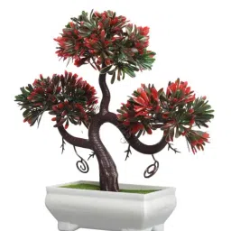 Foliyaj Red & Green Plastic Artificial Plant Bonsai Tree With Leaves image 3