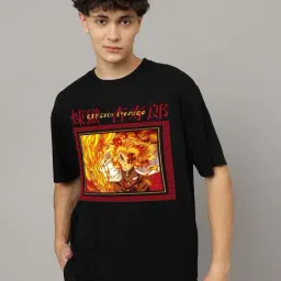 Free Authority Black Loose Fit Demon Slayer Printed Crew T-Shirt-image-48