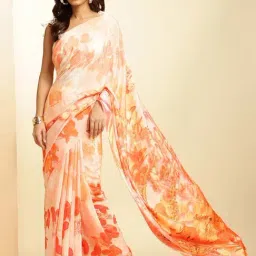 navyasa by liva Orange Printed Saree With Unstitched Blouse-picture-2