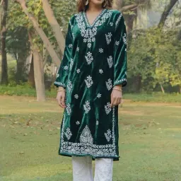 House of Kari Velvet Chikankari Long Kurta in Green-image-95
