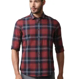 Basics Red Cotton Slim Fit Checks Shirt-picture-17