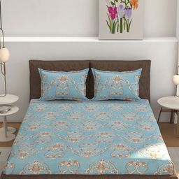 MOGNE FAB Blue & Brown Floral Cotton Fitted 210 TC King Bedsheet Set 2.28 m x 2.54 m-picture-42