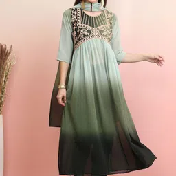 KALINI Women Ethnic Motifs Yoke Design Regular Thread Work Kurta with Trousers & With Dupatta image 1