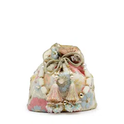 Anekaant Dangle Off White and Pastel Multi Floral Embellished Georgette Potli image 5