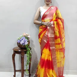 V3 FASHION STUDIO Tie and Dye Zari Organza Leheriya Saree-picture-16