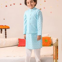 Pspeaches Full Sleeves All Over Flower Motif Printed Kurta With Shimmer Lines Designed Jacket & Pyjama - Blue-picture-29