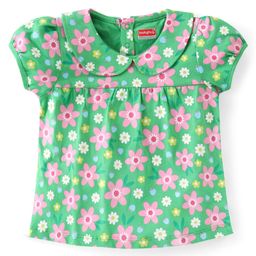 Babyhug Cotton Knit Half Sleeves Peter Pan Collar Top With Floral Print - Green-picture-41