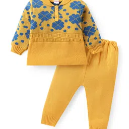 Babyhug Knitted Full Sleeves Sweater Set with Floral Design - Yellow-image-12