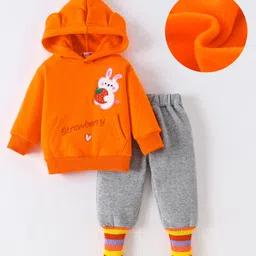 Kookie Kids Full Sleeves Hooded Winter Wear Suit With Bunny & Strawberry Applique - Orange-picture-13