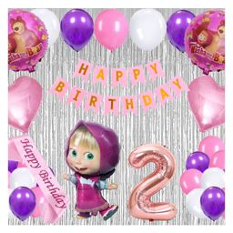 Bubble Trouble 41 Pcs 2nd Birthday Decoration for Girls Character Foil Balloons Silver Curtain Pink Sash Masha Theme Second Birthday Decoration Metallic Balloon Bear Decorations (Pack of 41, Pink)-picture-20