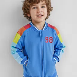 Babyhug Cotton Knit Full Raglan Sleeves Front Open Bomber Jacket with Colour Block Design on Sleeves - Blue-picture-11