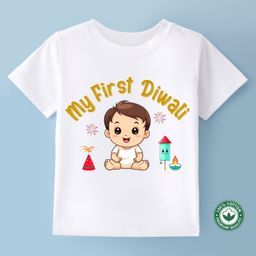 BLUSHES Diwali Theme 100% Cotton Half Sleeves My First Diwali Text Printed Tee - White-picture-13