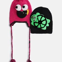 MayRa Knits Pack Of 2 Hand Knitted Tortoise Designed & Pom Pom Embellished Caps - Pink & Black-picture-22