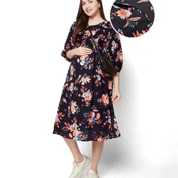 Bella Mama WovenThree Fourth Sleeves Floral Printed Maternity Dress - Black-picture-30