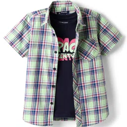 Pine Kids Cotton Woven Half Sleeves Checkered Shirt With T-Shirt - Light Green-picture-37