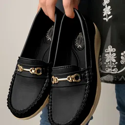 Shoetopia Metal Applique Detailed Loafers - Black-picture-15