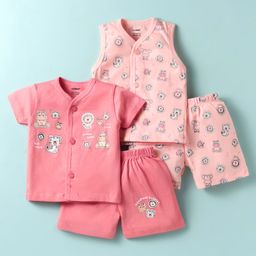 CUCUMBER Sinker Knit Half Sleeves Co-Ord Shorts Night Suit With Animal Print Pack of 2 - Pink & Peach-picture-7