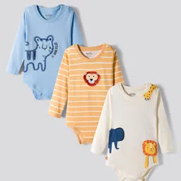 Bonfino 100% Cotton Knit Full Sleeves Onesies With Animal Print & Applique Pack of 3 - White Light Orange & Light Blue image 1