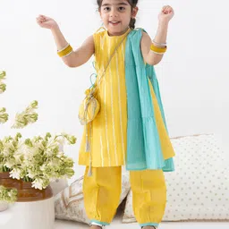 Tiber Taber Cotton Lurex Woven Sleeveless Foil Striped Kurti Pant With Dupatta Set - Yellow-picture-28