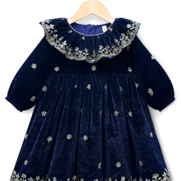 Babyhug Velvet Woven Full Sleeves Floral Embroidered & Sequinned Ethnic Dress- Navy-picture-21