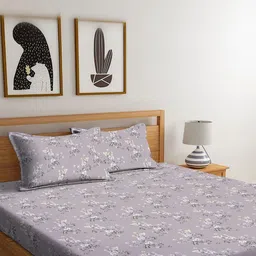 Aura Grey & Grey Floral 210 TC Bedsheet with 2 Pillow Covers-image-82