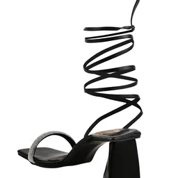 Shoetopia Rhinestones Embellished Tie Up Heeled Sandals - Black image 3