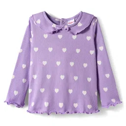 Babyhug Cotton Knit Rib Full Sleeves Co-Ord Nightsuit with Frill Collar & Heart Print - Lavender image 2