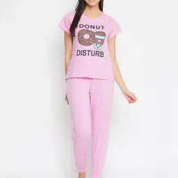 Clovia Pink Graphic Print T-Shirt With Joggers-image-4