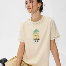 The Souled Store Off White Loose fit Cotton Embroidery T-shirts-picture-24
