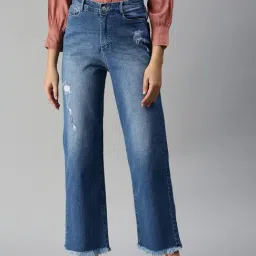 showoffff SHOWOFF Mildly Distressed Blue Wide Leg Denim Jeans-picture-34