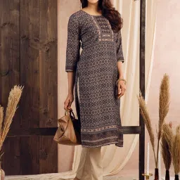 Odette Blue Cotton Printed Straight Kurta image 3