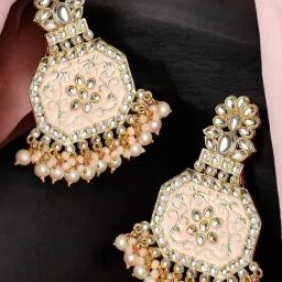 OOMPH Peach Meenakari Ethnic Drop Earrings Kundan & Pearls Studded For Women-image-39