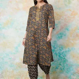 Melange By Lifestyle Grey Cotton Regular Fit Printed Kurta Sets-image-23