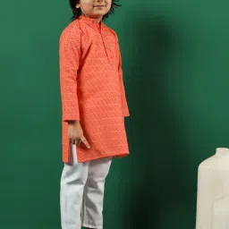 READIPRINT FASHIONS Kids Coral & White Embroidered Full Sleeves Kurta with Pyjamas image 3