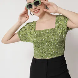 BAESD Floral Print Smocked Crepe Crop Top-picture-14