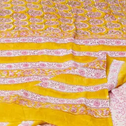 Unnati Silks Yellow & Lilac Cotton Printed Saree With Unstitched Blouse image 3