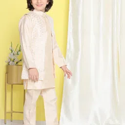 AJ Dezines Kids Beige Embroidered Full Sleeves Kurta, Pyjamas with Jacket image 3