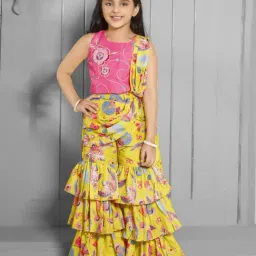 Ministitch Girls Yellow Cotton Silk Floral Print Suit Set-image-91