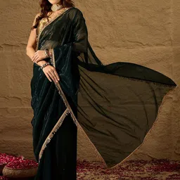 House of Pataudi Women Lace Embellished Fancy Border Saree With Unstitched Blouse image 4